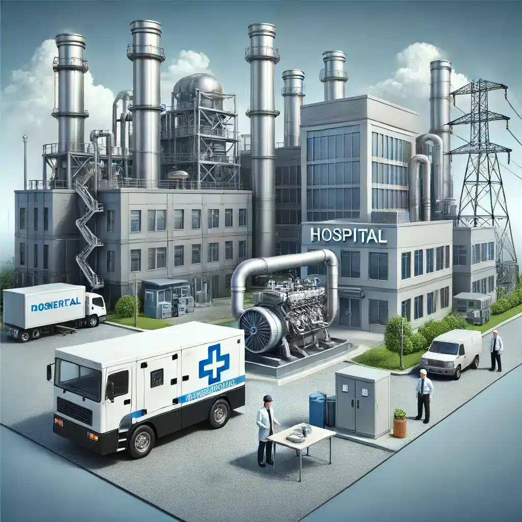 Generador de reserva en operación fuera de un hospital, esencial para servicios críticos. Cómo funcionan las plantas de emergencia durante cortes de energía| JLE Energy