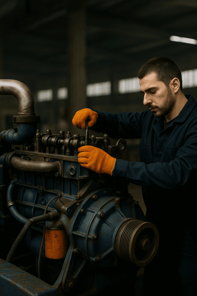 Mecánico reparando motor diésel de planta eléctrica en taller industrial | JLE
